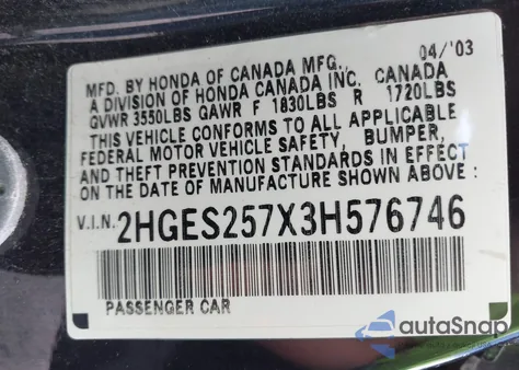 2003 Honda Civic Ex from USA, damaged, VIN 2HGES257X3H576746